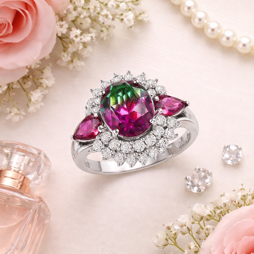 Watermelon Quartz Double Halo Ring Platinum Over Sterling Silver 5.35 CTW